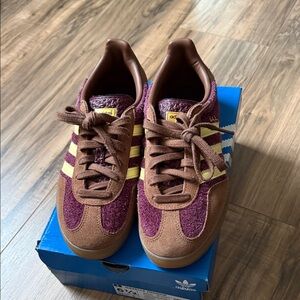 Adidas Gazelle Indoor Maroon and Tan Sneakers with Yellow Stripes